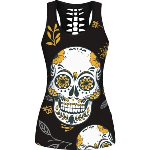 New Summer Women Running Tops Multi Color Skull Printing Hallow Out Black Sports Vests 8 Patterns