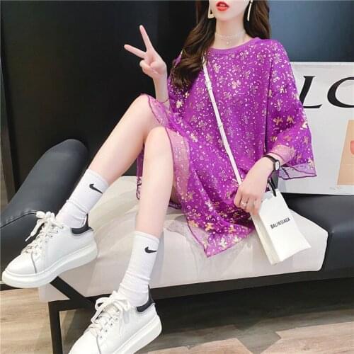 Korean New Fashion Loose Fake Two-piece Printing Mesh T-shirts O-neck Short-sleeved Summer Tops 2021 Women T Shirt Tee Y737