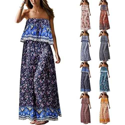 Womens Summer Strapless Long Dress Beach Bohemian Floral Print Holiday Dress Short-sleeved Waist Dress Casual Dress 2021