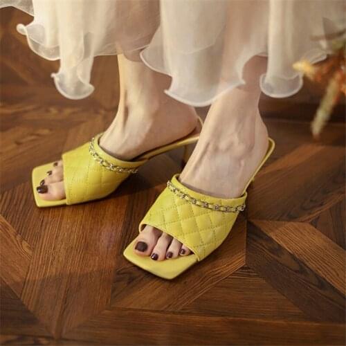 PXELENA Genuine Leather 2021 Summer Kitten Heels Slippers Chain Open Toe Party Date Office Lady Slides Sexy Shoes Yellow Black