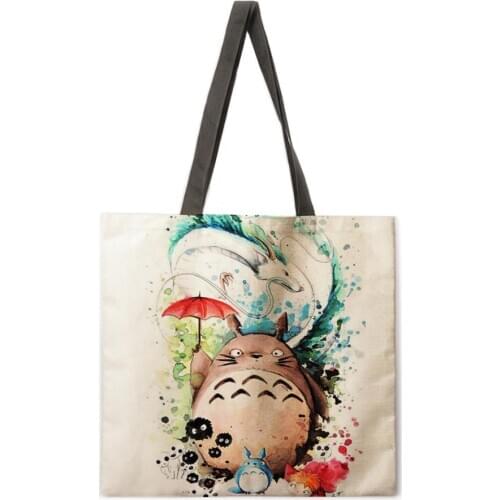 Watercolor Totoro Print Tote Bag Reusable Beach Bag Linen Casual Womens Shoulder Bag Foldable Shopping Bag