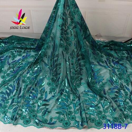 Sequins Mesh Lace Wedding Fabric Green Color Embroidered Leaves Flower Pattern African Nigerian Latest Design Latest French