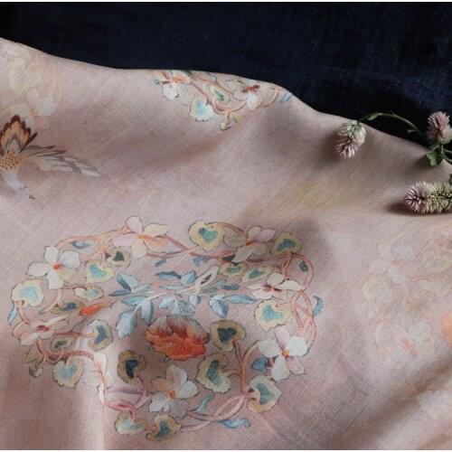 High quality ramie fabric Apricot tea pattern printing tissu Robe dress cheongsam material