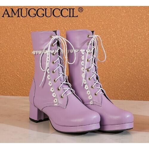 2021 New Plus Big Size 30-48 Black White Pink Brown Purple Lace Up Fashion Autumn Winter Girl Female Lady Women Boots X2023