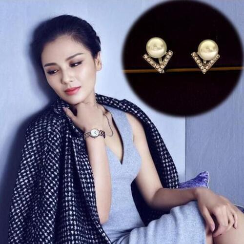Grace Jun Korea Style V Shape Rhinestone Clip on Earrings No Pierced for Women Wedding Charm Simulated Pearl Earring Hot Sale