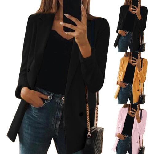 Women Solid Color Turndown Collar Long Sleeve Tailored Suit Jacket Coat Blazer