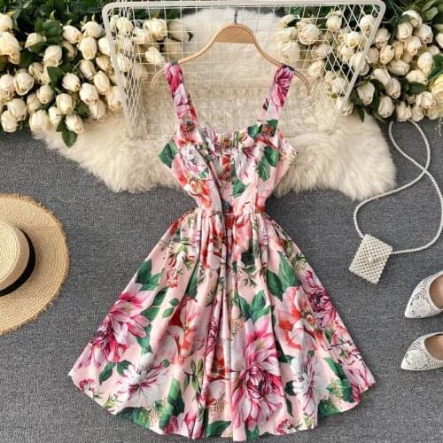 Elegant 2021 Summer Floral Print Dress Women Spaghetti Straps Sundress Flower Buttons Mini Short Dresses Bohemian Pleated Robe