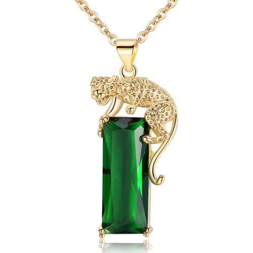 Women Personality Necklace Green Square Zircon Pendant Necklace Transporter Leopard Necklace Fashion Fine Jewelry