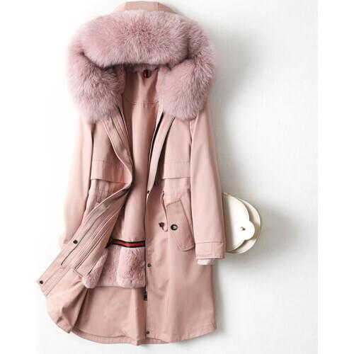 Real 2020 Fur Coat Female Real Rabbit Fur Liner Parka Winter Jacket Women Fox Fur Collar Korean Long Trench Coats MY4089 s