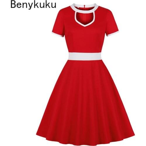 Cut Out Front Red Vintage Swing Dress 2021 Short Sleeve A-Line Summer Clothes Female Cotton Robes Retro Elegant Party Dresses