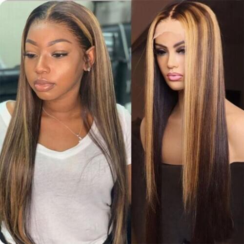 32Inches Black With Brown Highlight Wig T Part Front Lace Human Hair Transparent Lace Wig 13x5x1 T Part Lace For Black Women