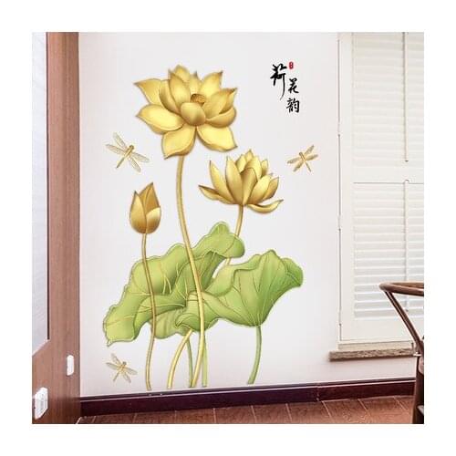 3D Wall Sticker Autohesion Chinese Style Gold Lotus Paintings For Living Room Wall Bedroom Porch Wall Decor Study Room Wallpaper
