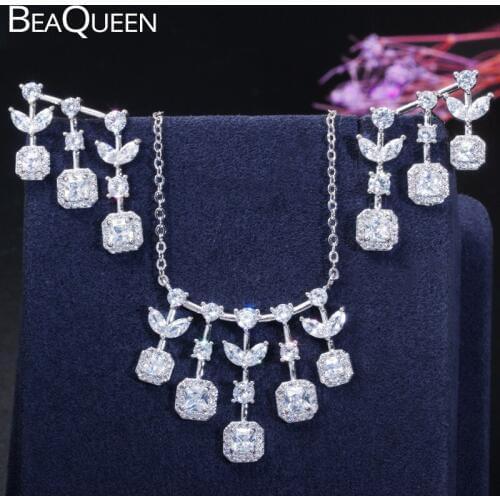 BeaQueen Brilliant Cubic Zircon Crystal Leaf Dangle Drop Tassel Pendant Necklace and Earrings Jewelry Sets for Women JS224