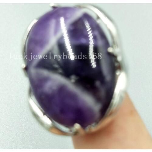 Free Shipping Women Fashion Jewelry 18x25MM Natural Purple Crystal Oval Women Men Bead Ring 6.5~12" US Adjust C5099