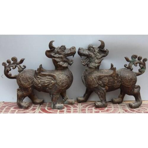 Bi002227 18"Chinese Bronze Feng Shui Fly dragon beast PiXiu kylin Unicorn pair Statue
