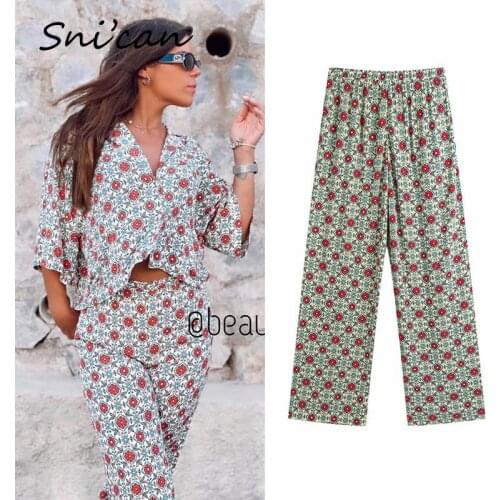 Floral Print Women Trousers Za Elastic Waist Loose Straight Long Pants Summer Pantalon Mujer Casual Female Bottom Outwear New
