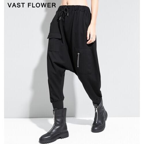 Black High Waist Harem Pants Women New Pocket Drawstring Elastic Waist Loose Trousers Women Clothes Fashion Autumn Winter 2020
