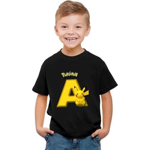 Pokemon Children 100% Cotton T-shirt Pikachu Letter Short Sleeve Shirt Cartoons Kids Tops Fashion Boys Anime T-shirt Clothes