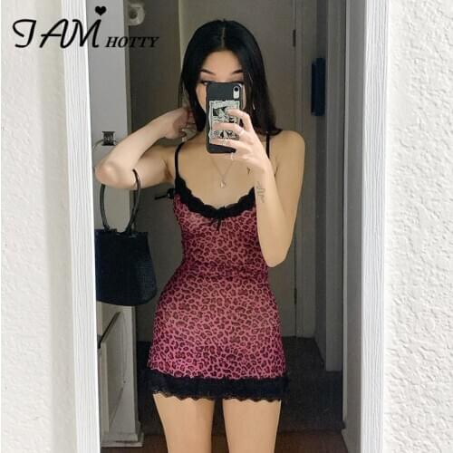 Iamhotty Harajuku Lace Patchwork Leopard Print 90s Aesthetic Sexy Dress Women Vintage Spaghetti Strap Bodycon Dresses Ladies
