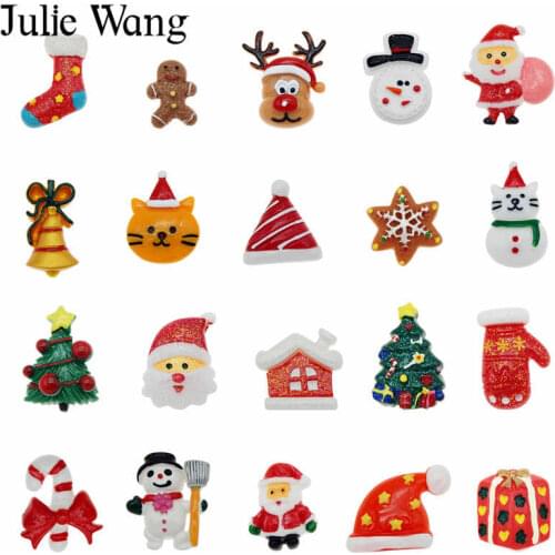 Julie Wang 6-20PCS Resin Christmas Charms Mixed Santa Claus Tree Snowman Flat Back Cabochons Jewelry Making Accessory Xmas Decor