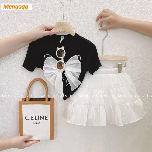 Summer Toddler Kids Baby Girls Lace Skirt 2Pcs Clothes New Casual Suit Sets T-Shirt Short Sleeve Tops Bow Knot 2-8Y