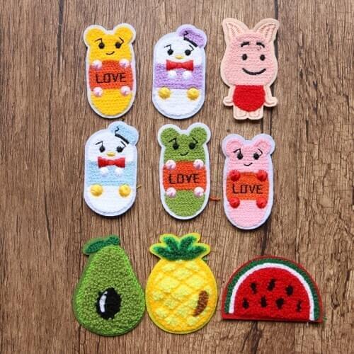 Cute Avocado Pineapple Cartoon Bear Chenille Icon Towel Embroidered Applique Patch for Clothing DIY Sew up Badge on the Backpack