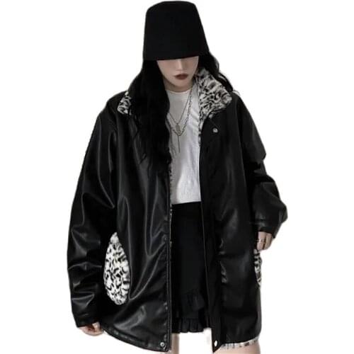 Fashion PU Leather Jacket Womens Autumn And Winter 2021 New Locomotive Clothing Leopard Print Plus Velvet Cotton Jacket