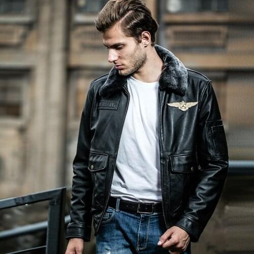 Fly mens genuine with fur collar real cowskin bomber jacket men winter leather coat