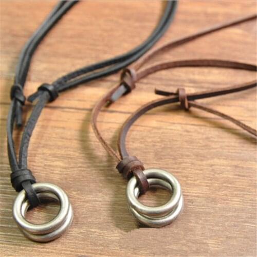 Charm Vintage Mens Adjustable Beach Leather Choker Necklace 2 Rings Pendant