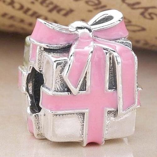Original Pink Enamel Wrapped with Love Gift Box Beads Fit 925 Sterling Silver Bead Charm Bracelet Bangle DIY Jewelry