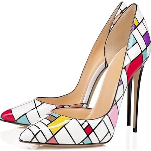 Sexy Irregular Printed Checkered High Heel Pumps Multi-color Patchwork Pointed Toe Dress Shoes Shallow Cut-out Party Shoes