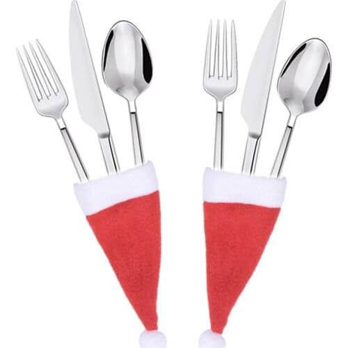 10/20Pc Cotton Christmas Utensil Cutlery Holder Pouch Bags Mini Santa Hat for Silverware Holders Wine Bottle New Year Decoration