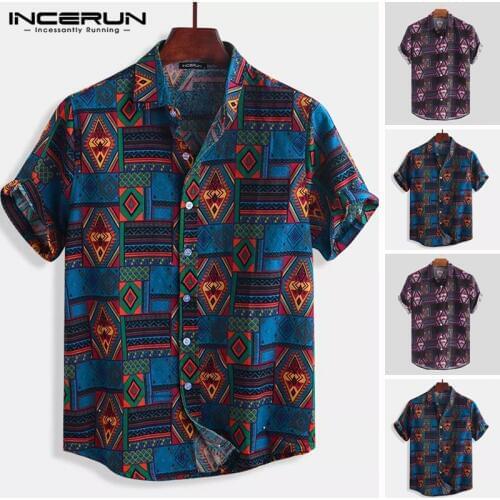 INCERUN Breathable Cotton Men Shirt Ethnic Style Print Vintage Short Sleeve Streetwear Tops Loose Men Beach Hawaiian Shirts 2021