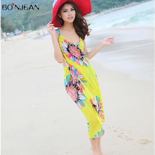 BONJEAN 2019 Printed Beach Towel Chiffon Sun Flower Summer Beach Skirt Scarf High Quality Brand Solid Color Sunscreen Scarves
