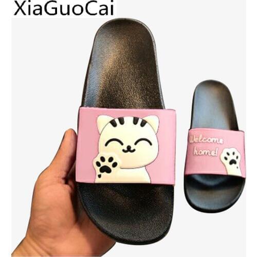 Summer Women Slippers Couple Holiday Beach Slides Unisex Slippers Cartoon Cat Print Bathroom Footwear Family Matching Shoes