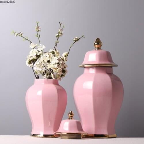 Modern Pink Ceramic General Jar Gilded Vase Desktop Decoration Flower Arrangement Container Tea Candy Storage Jar Art Decoration