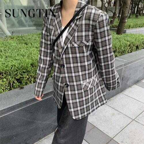 Sungtin Korean Plaid Blazer Oversize Jackets Women Office Lady Loose Work Blazer Suit Plaid CoatVintage Elegant Outwear Spring