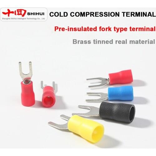 SV2-3/4/5/6/8 Forked Pre-Insulated Terminal Wire Connector Brass Cold Crimp Terminal Y Type U Type Wiring Copper Nose Wire Lugs