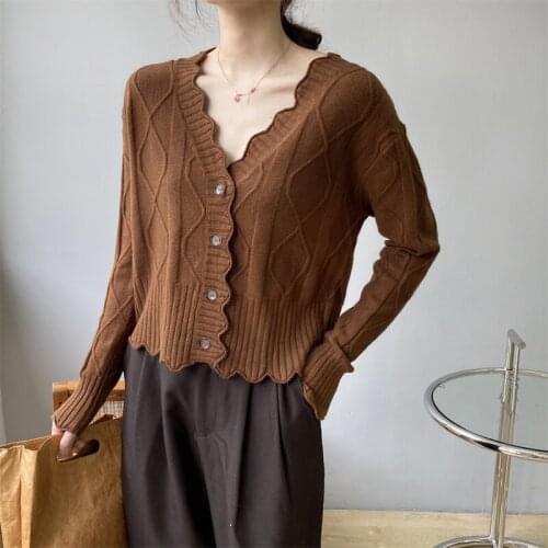 Spring and autumn womens casual solid color V-neck long-sleeved cardigan sweater