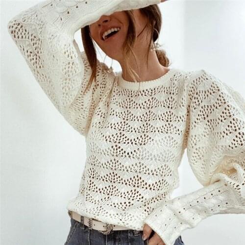 Women Elegant Hollow Out Loose Sweater Beige Solid Color Round Collar Balloon Sleeves Knitwear Casual Knitting Pullover Top
