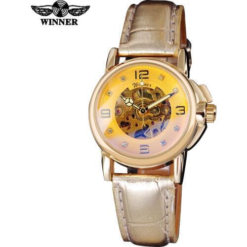 2016 WINNER popular brand women watches luxury automatic self wind watch skeleton dial transparent glass gold case leather band