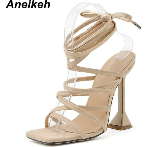 Aneikeh 2021 Summer Women Shoes New Fashion Spike Heels PU Office Gladiator Solid Sandals Narrow Band Concise Lace-Up Black