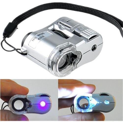DHL 200PCS Mini Jeweller 60X Pocket Microscope Jewelry Magnifier Loupe Glass Light (Color: Silver)