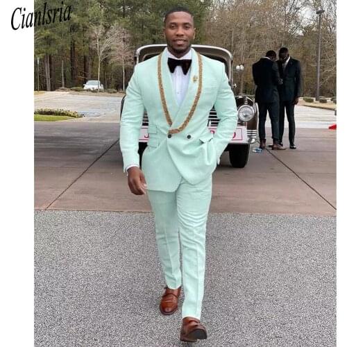 Designer Mint Green Men Customized Wedding Tuxedos Double Breasted Red Carpet Groom Wear Dinner Prom Party Blazer (Jacket+Pants)
