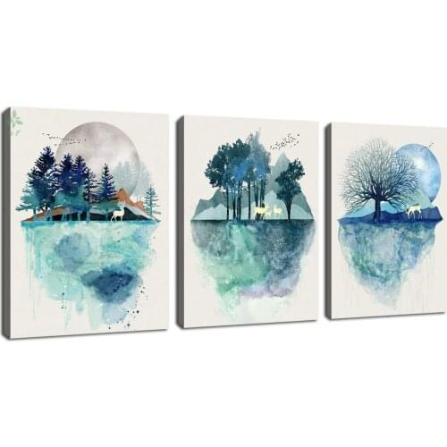 Canvas Wall Art Abstract Mountain Daytime Deer In Forest Landscape Artwork Indoor Decoration