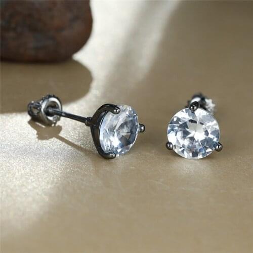 Retro Black Gold Small Earrings 8MM Round White Zircon Stud Earrings Luxury Crystal Stone Screw Back Earrings For Women Wedding