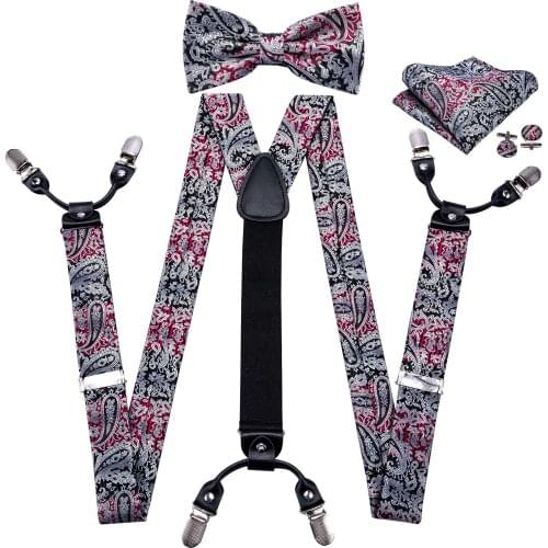 Barry.Wang 6 Clips Silk Mens Suspenders Paisley BowTie Hanky Set Adjustable Elastic Brace Y Shape Strong Clip-Heavy Duty BB-2002