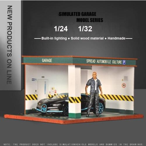 New 1/24 1/32 Simulation Garage Model Wood Parking Lot Model Scene Handmade Solid Wood Ornament LED Lighting Acrylic Display Box