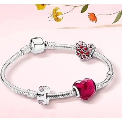 NEW 100% 925 Sterling Silver Red Heart Love 3 Charm Bead Bracelet Set Planet of Charm Astronaut Night Blue Love Heart Charm