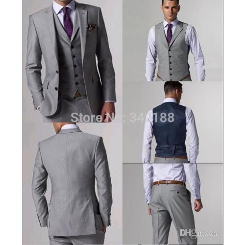 Slim Fit Side Slit Light Gray Two Buttons Notch Lapel Groom Tuxedos Men Suits Man Business Suit (Jacket+Pants+Vest)